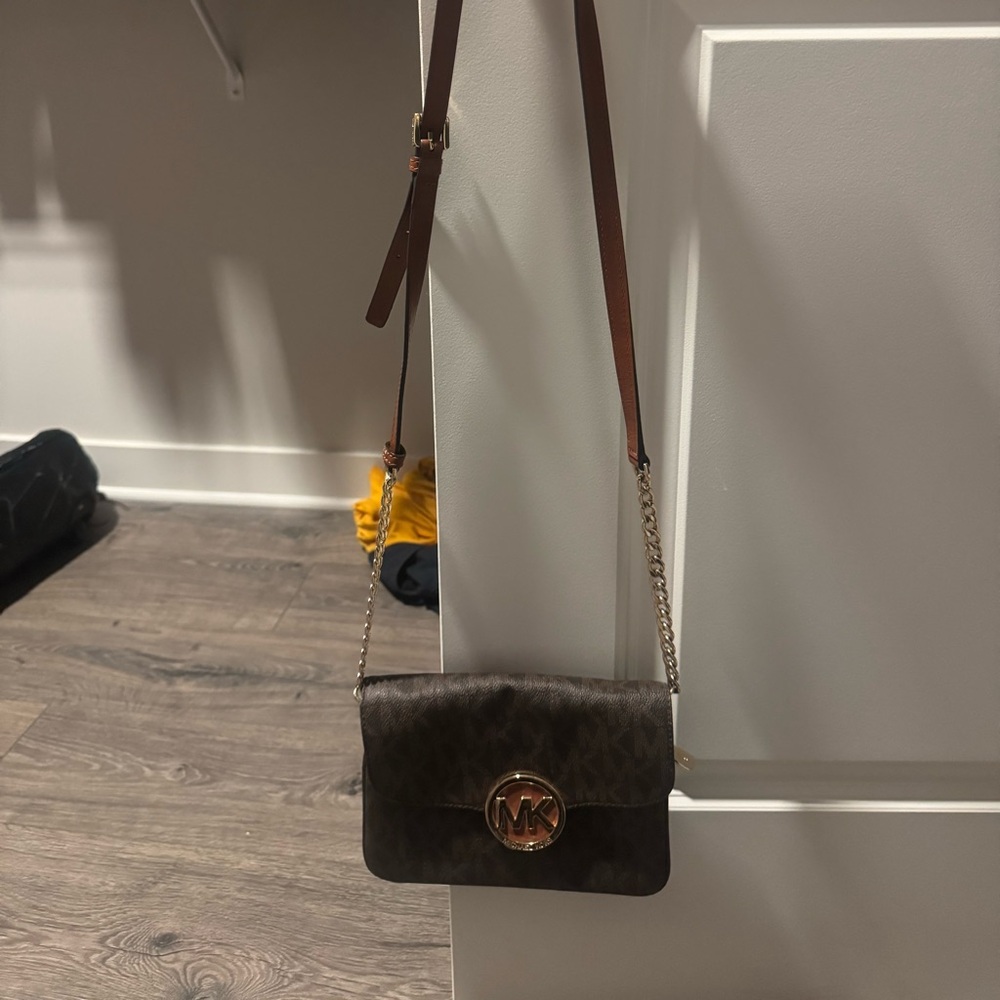 Michael Kors Dark Brown Crossbody Bag with Gold Accents